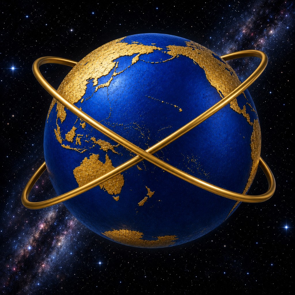 Four Winds globe emblem in deep blue and gold